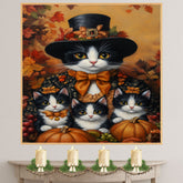 Autumn Whimsy: Tuxedo Cat Mom and Three Kittens in Festive Costumes with Pumpkins on Ready to Hang 1.5" Thick Canvas Wrap, Floating Framed Canvas, Flat Rolled Canvas